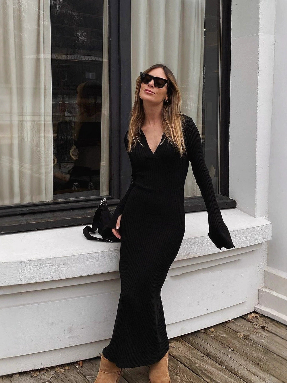 ZARA Women Knitted Long Sleeve Sweater Maxi Dress